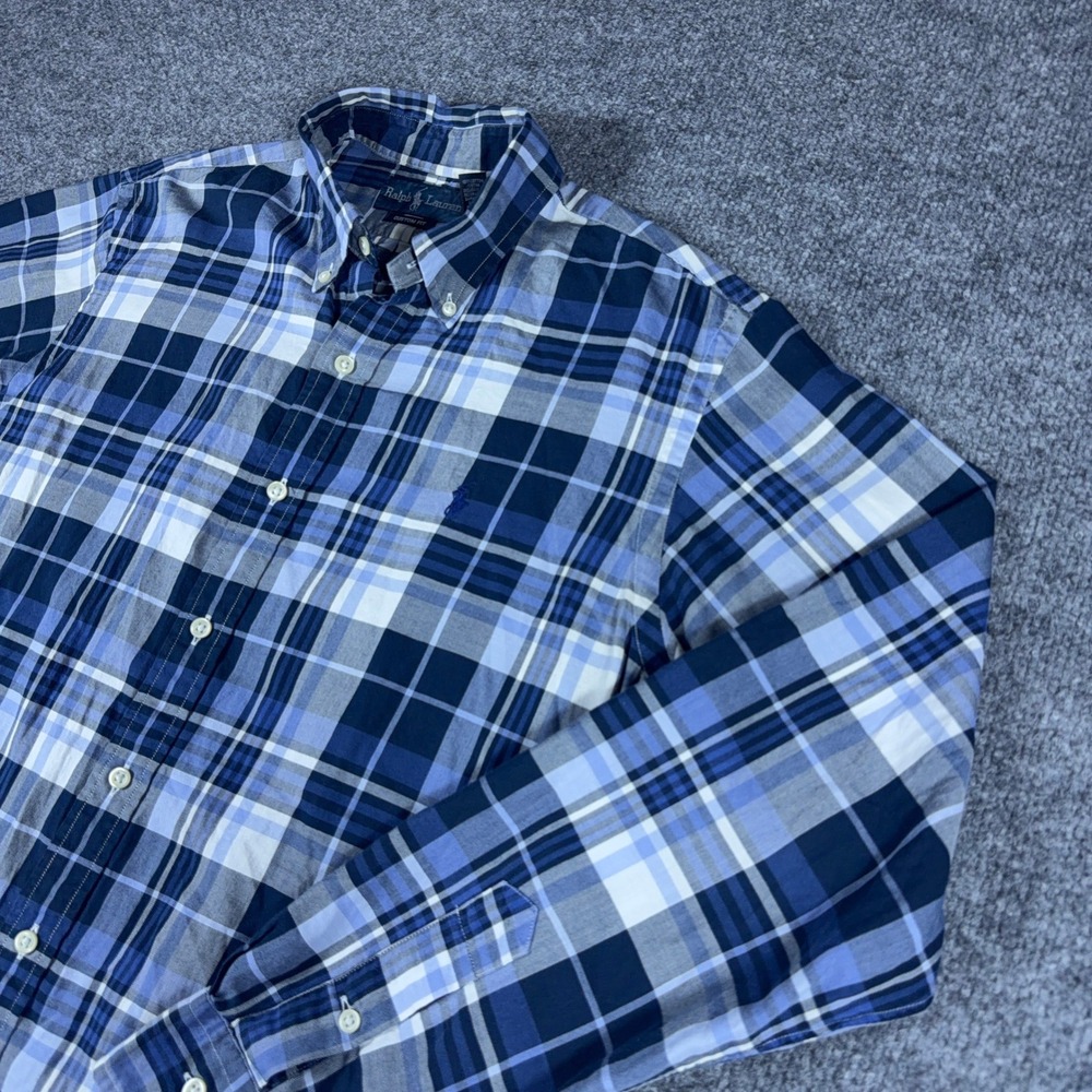 Ralph Lauren Mens Custom Fit Plaid Button Down Shirt Blue White Medium
